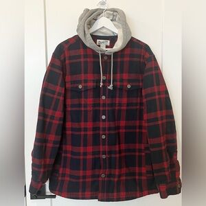 Duluth Trading Co Men Fire Hose Flannel Lined Hooded Limber Jac Red Blue Plaid M